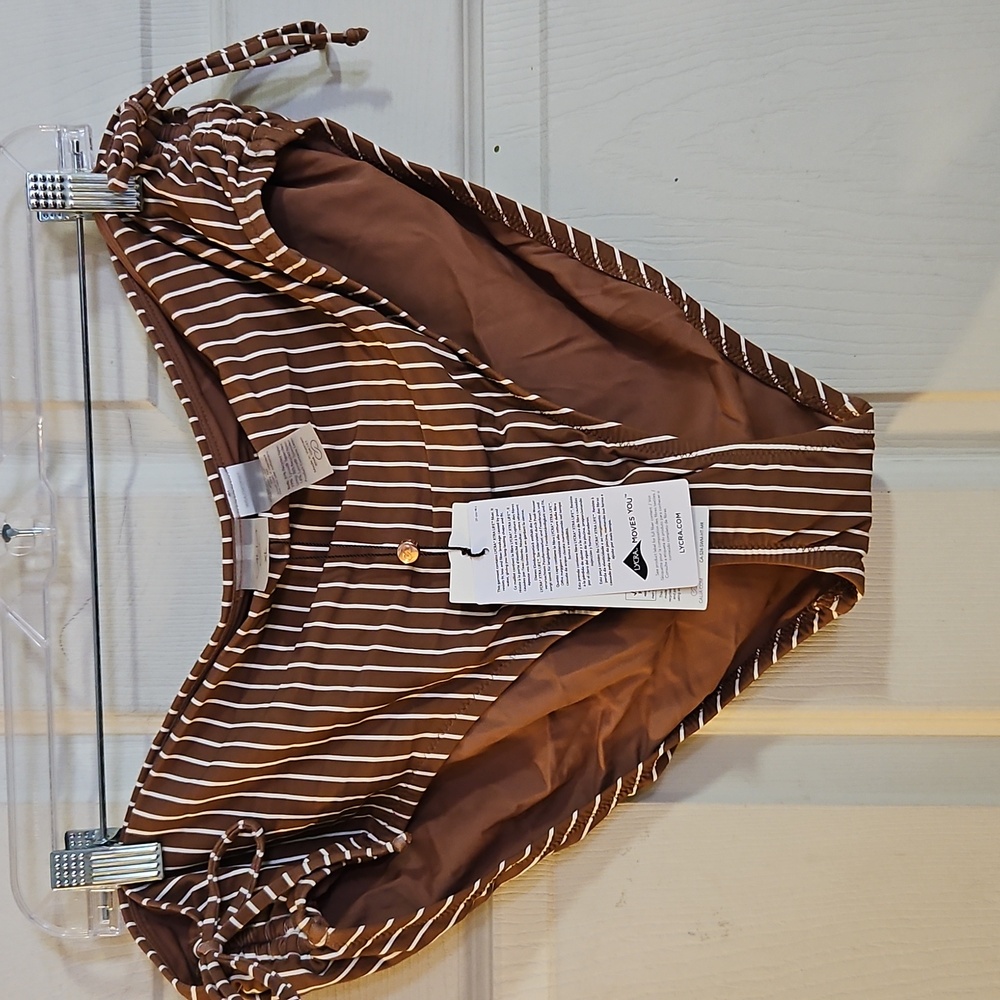 CALIA Mid Rise Ruched Side Swim Bottom: Yucatan Stripe Cinnamon: NWT: SZ XL